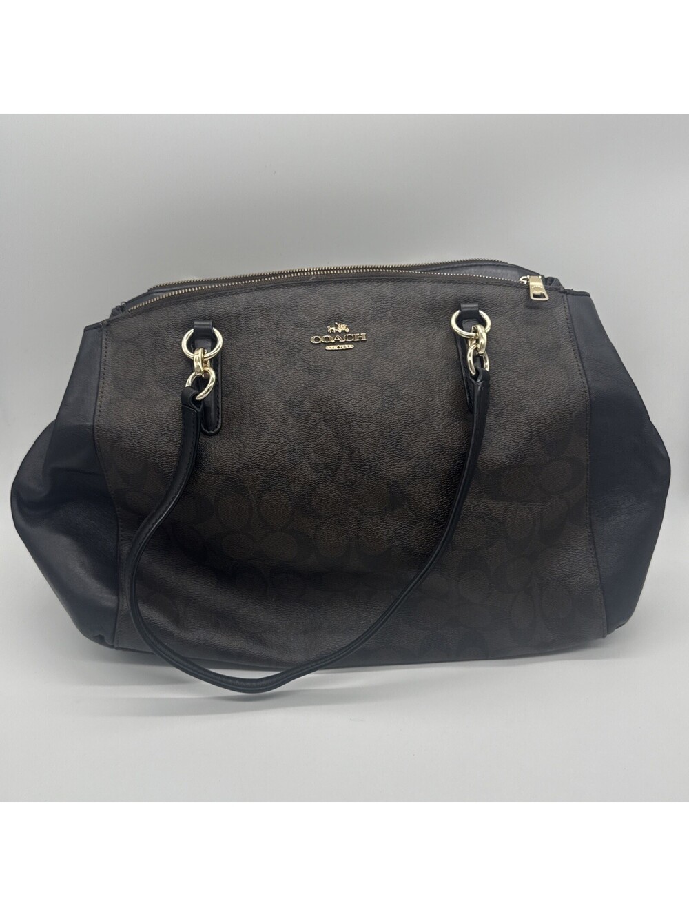 Coach Signature Canvas Double Zip Shoulder Tote Bag Brown Black